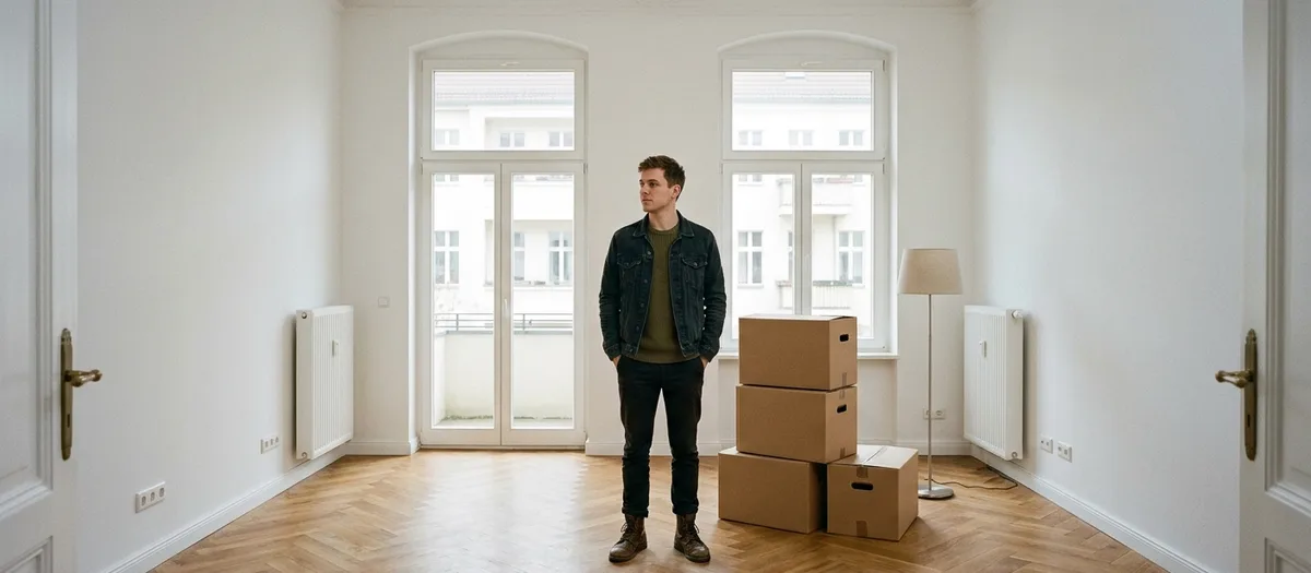 Ein junger Mann steht in seiner leeren ersten Wohnung, neben ihm vier Umzugskartons und eine Stehlampe vor hohen Altbaufenstern.