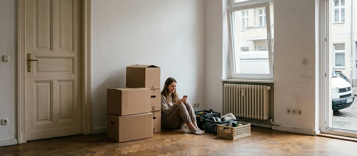 Eine junge Frau sitzt mit dem Handy auf dem Boden ihrer fast leeren Wohnung, neben ihr wenige gepackte Kartons und zwei Kisten.