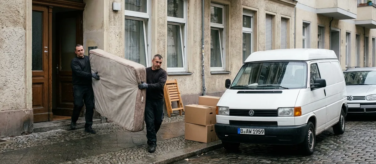 Zwei Helfer tragen eine Matratze aus einem Altbau zum wartenden kleinen Transporter am Straßenrand.