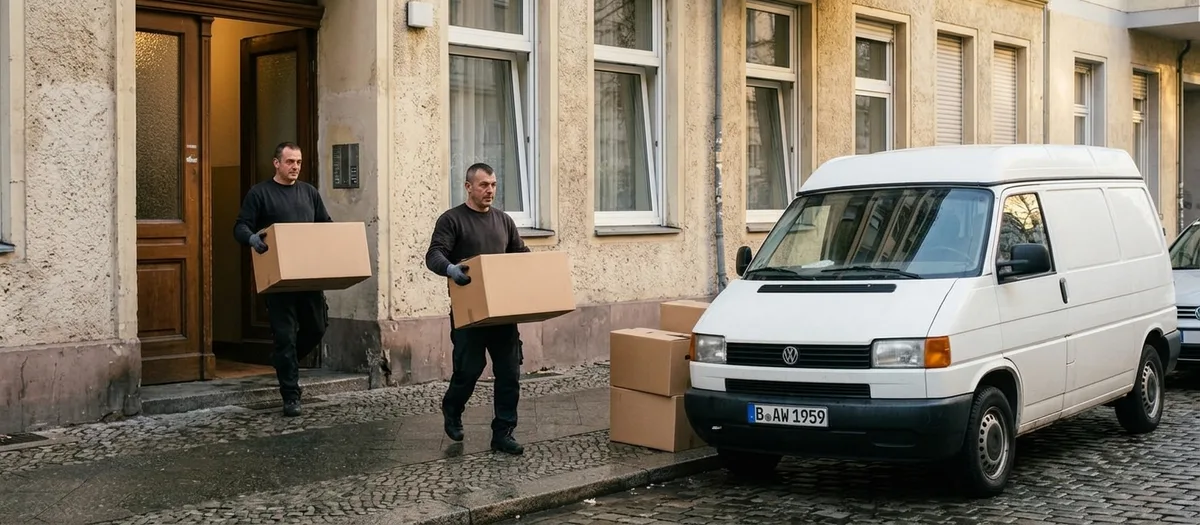 Zwei Helfer tragen zügig je einen Karton aus dem Hauseingang zum wartenden Transporter, weitere Kartons stehen schon am Bordstein.