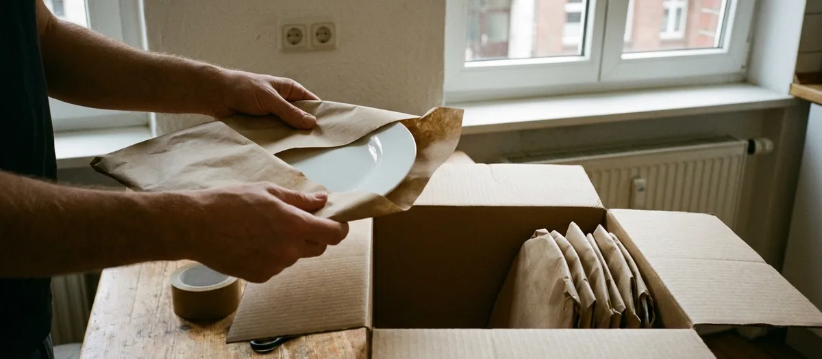 Zwei Hände wickeln einen Teller in Packpapier, im offenen Karton daneben stehen eingewickelte Teller hochkant.